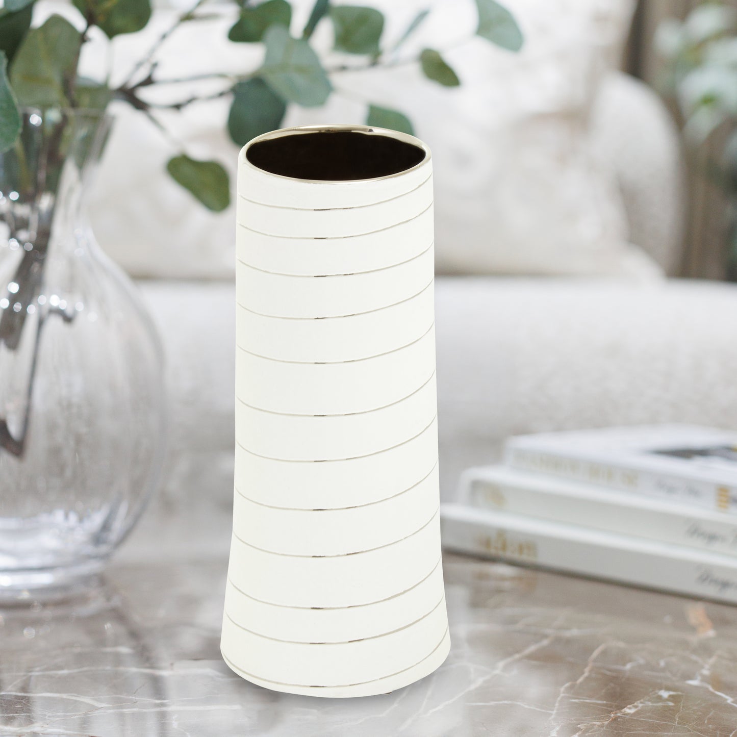 Haldis White Silver Stripe Ceramic Vase