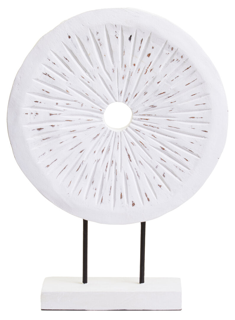 Fidel Distressed White Carved Wood Large Round Sculpture - Main