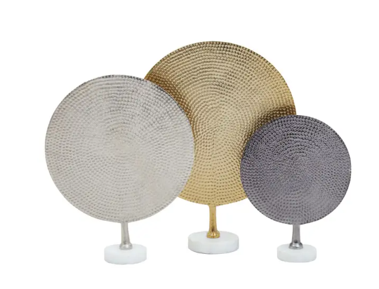 Set Of Three Gold Silver And Black Hammered Metal Sculptures