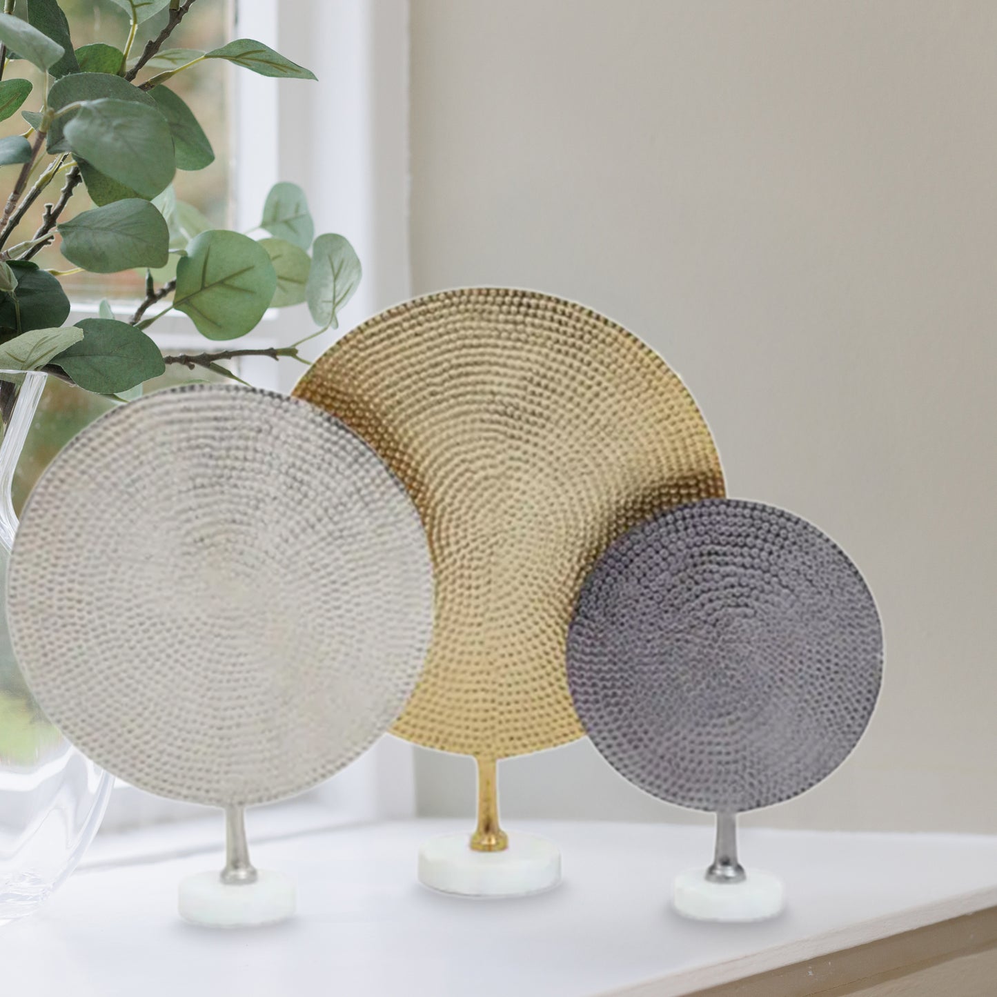 Set Of Three Gold Silver And Black Hammered Metal Sculptures