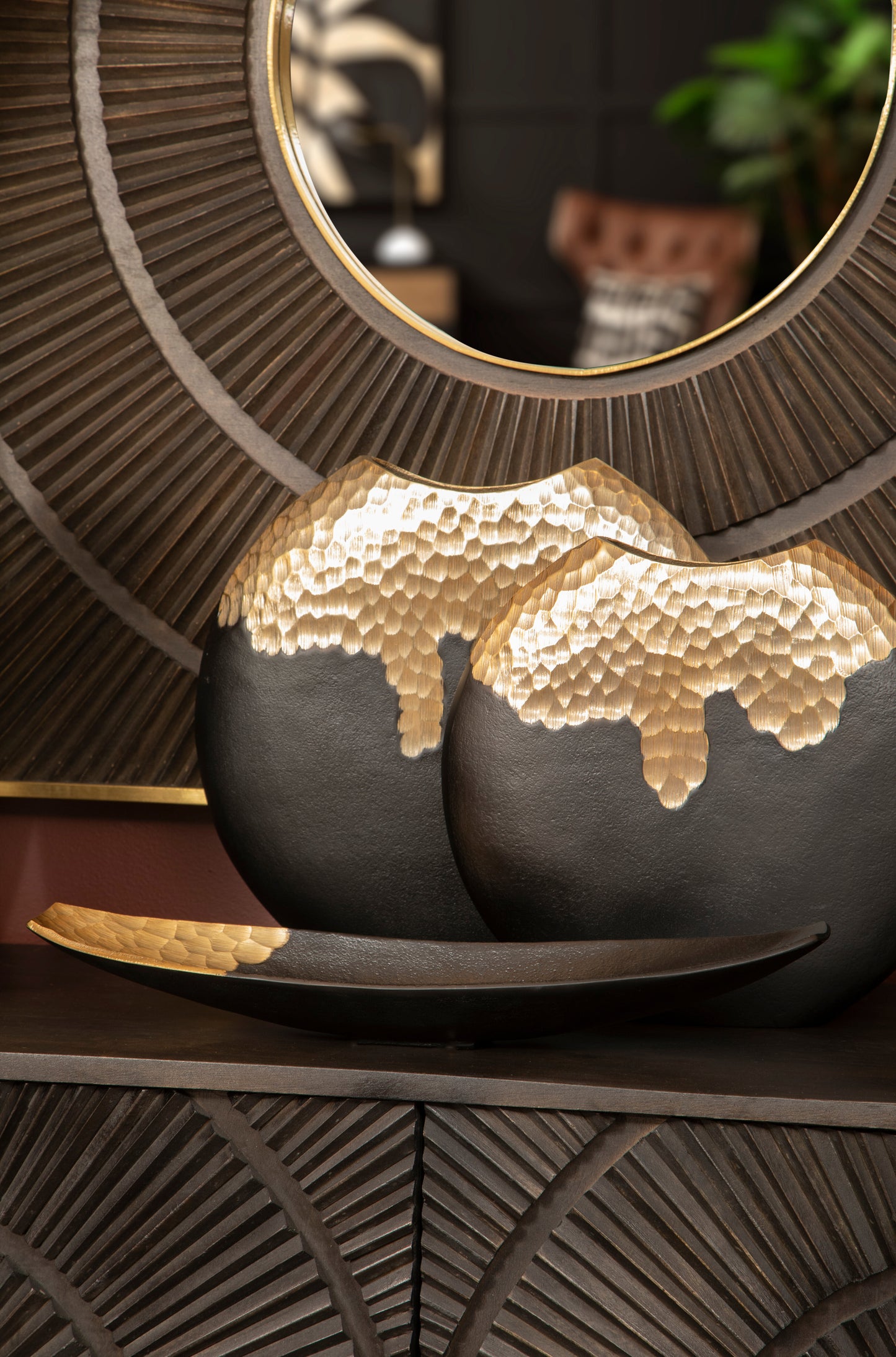 Black & gold round metal vase