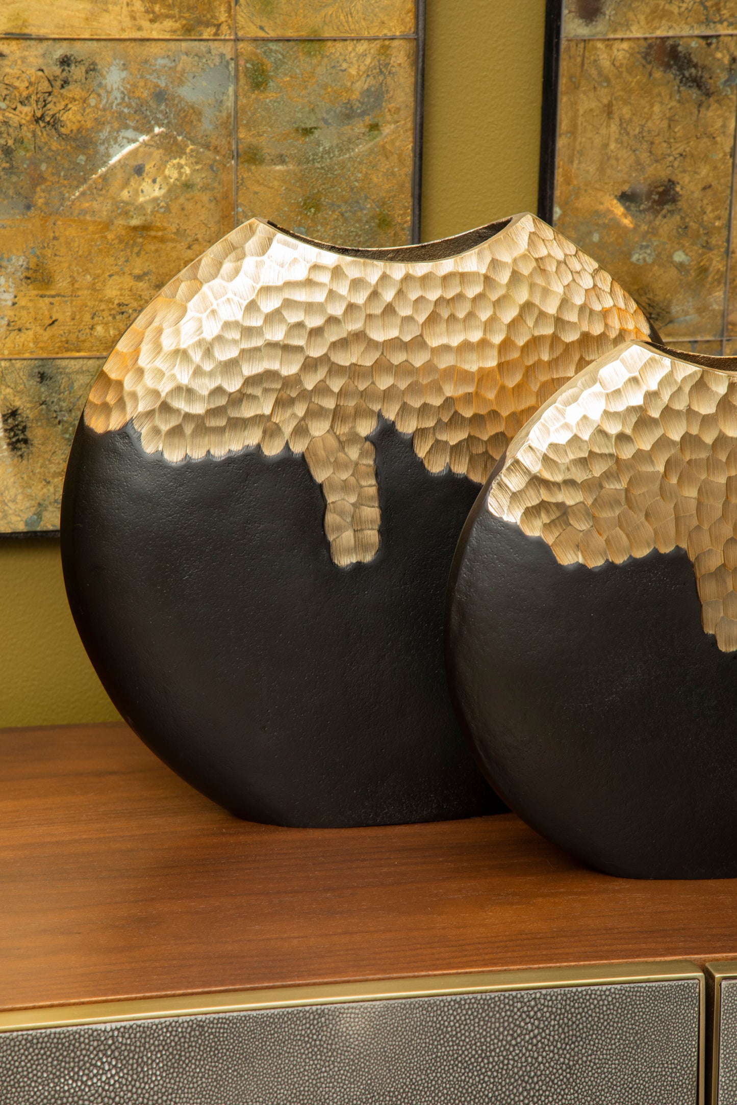 Black & gold round metal vase