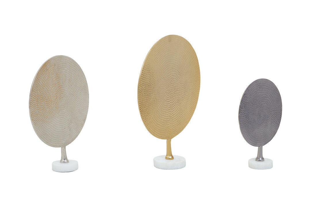 Elias Set Of 3 Hammered Metal Disc Sculptures with Marble Base - Additional