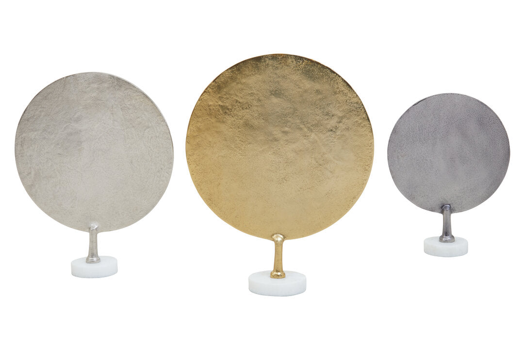 Elias Set Of 3 Hammered Metal Disc Sculptures with Marble Base - Additional