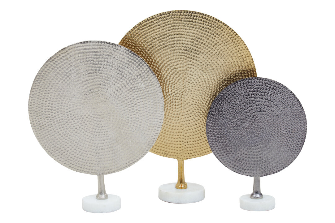 Elias Set Of 3 Hammered Metal Disc Sculptures with Marble Base