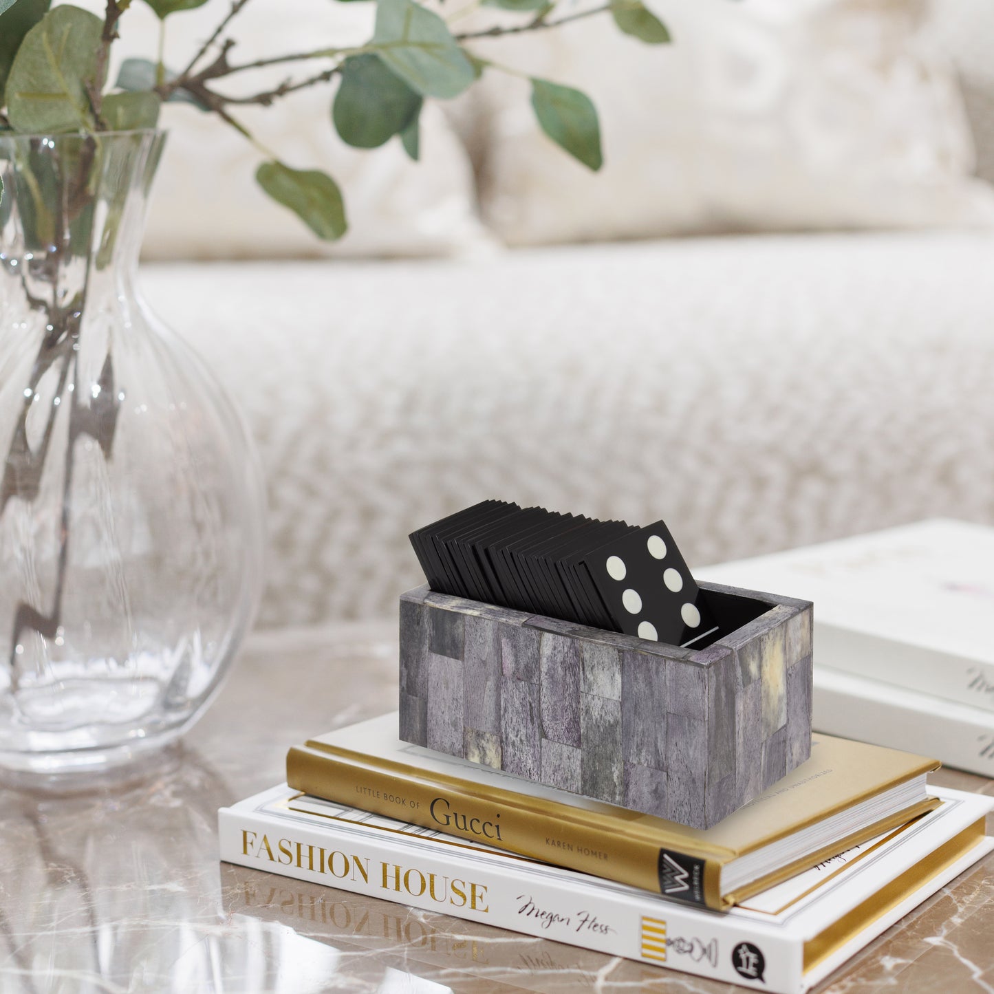 Churchill Games Grey Bone Domino Set with Black Dominoes