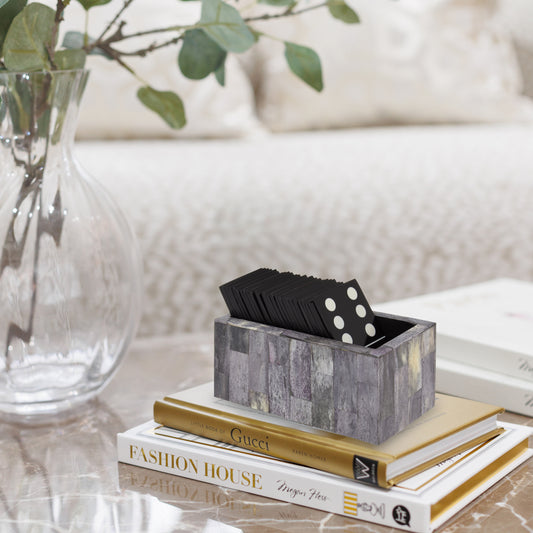 Churchill Games Grey Bone Domino Set with Black Dominoes