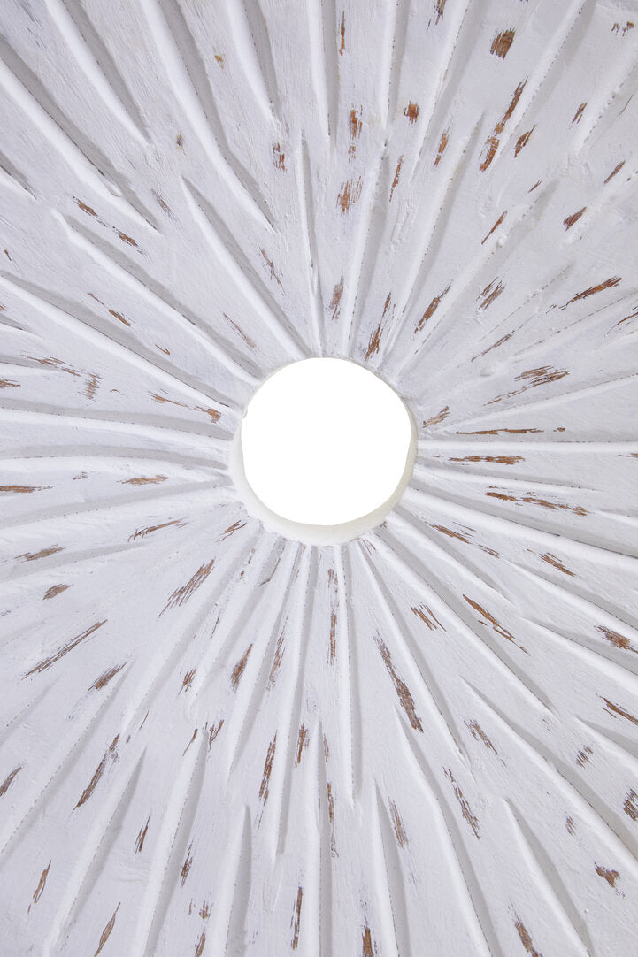 Fidel Distressed White Carved Wood Large Round Sculpture - Macro