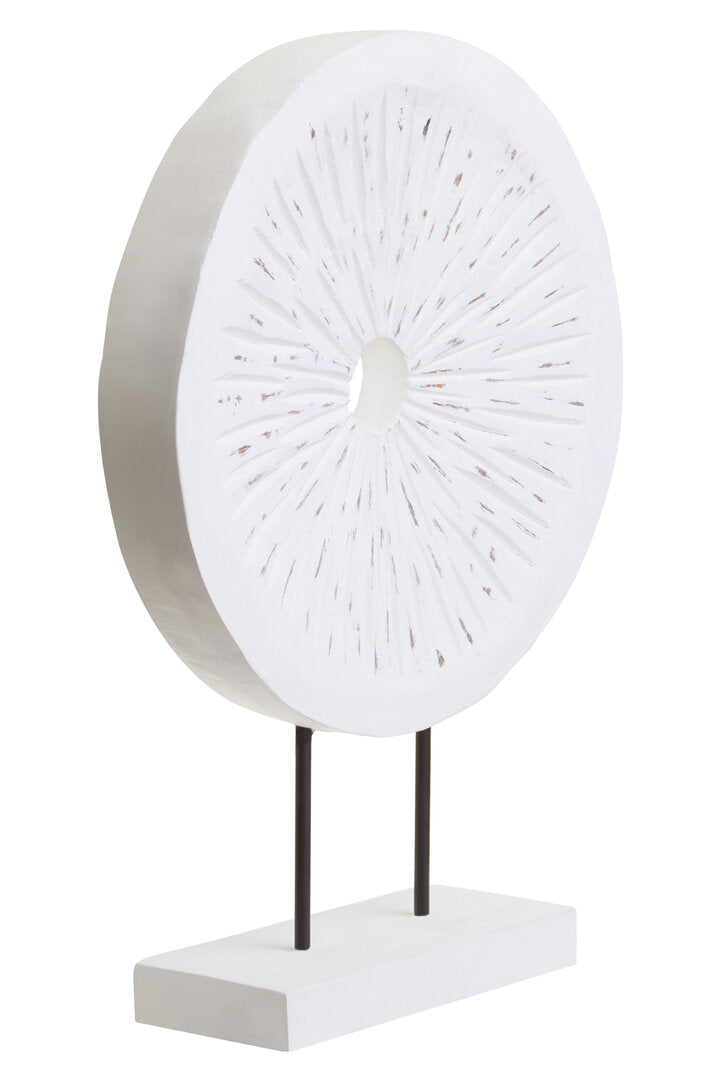 Fidel Distressed White Carved Wood Large Round Sculpture - Additional
