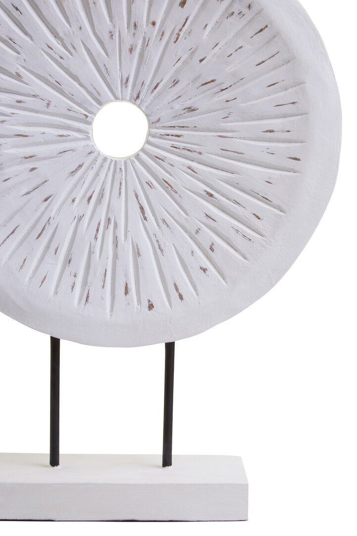 Fidel Distressed White Carved Wood Large Round Sculpture - Macro