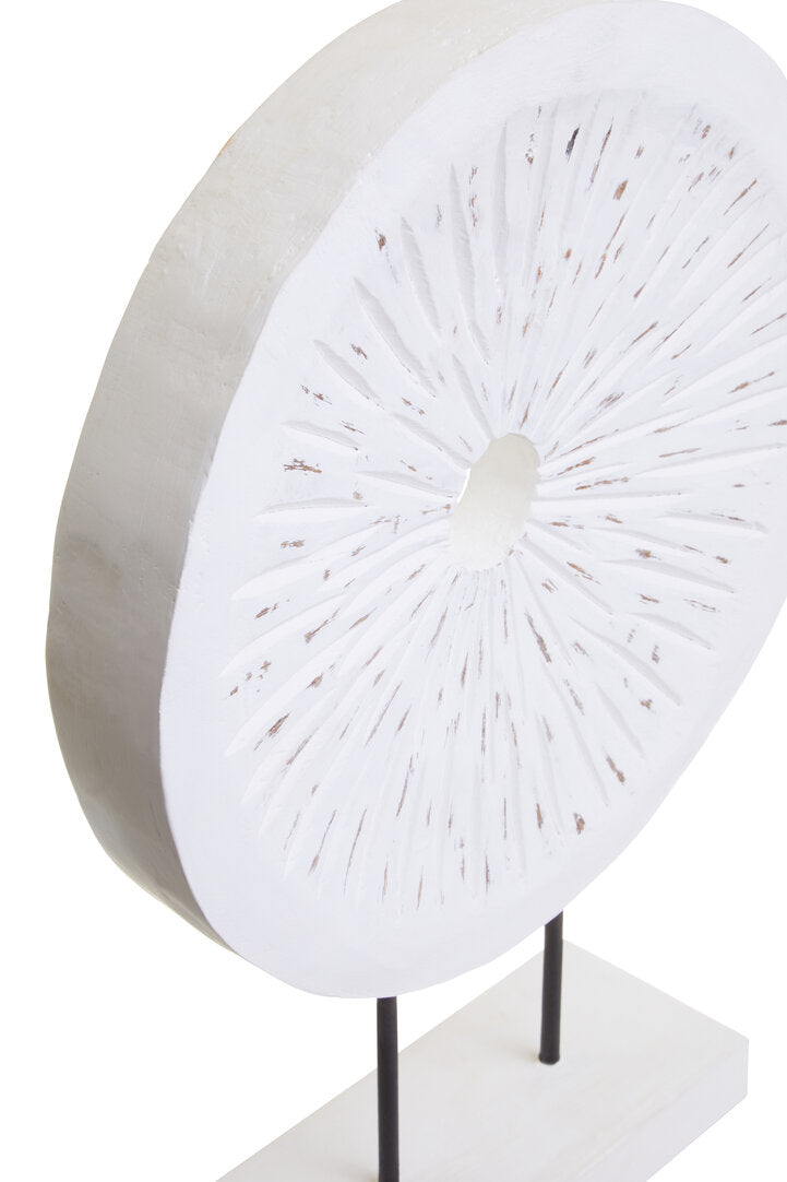Fidel Distressed White Carved Wood Large Round Sculpture - Macro