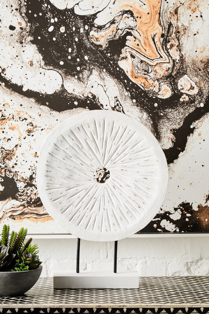 Fidel Distressed White Carved Wood Large Round Sculpture - Lifestyle
