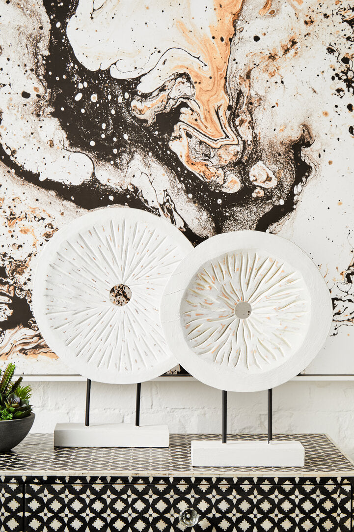 Fidel Distressed White Carved Wood Large Round Sculpture - Lifestyle