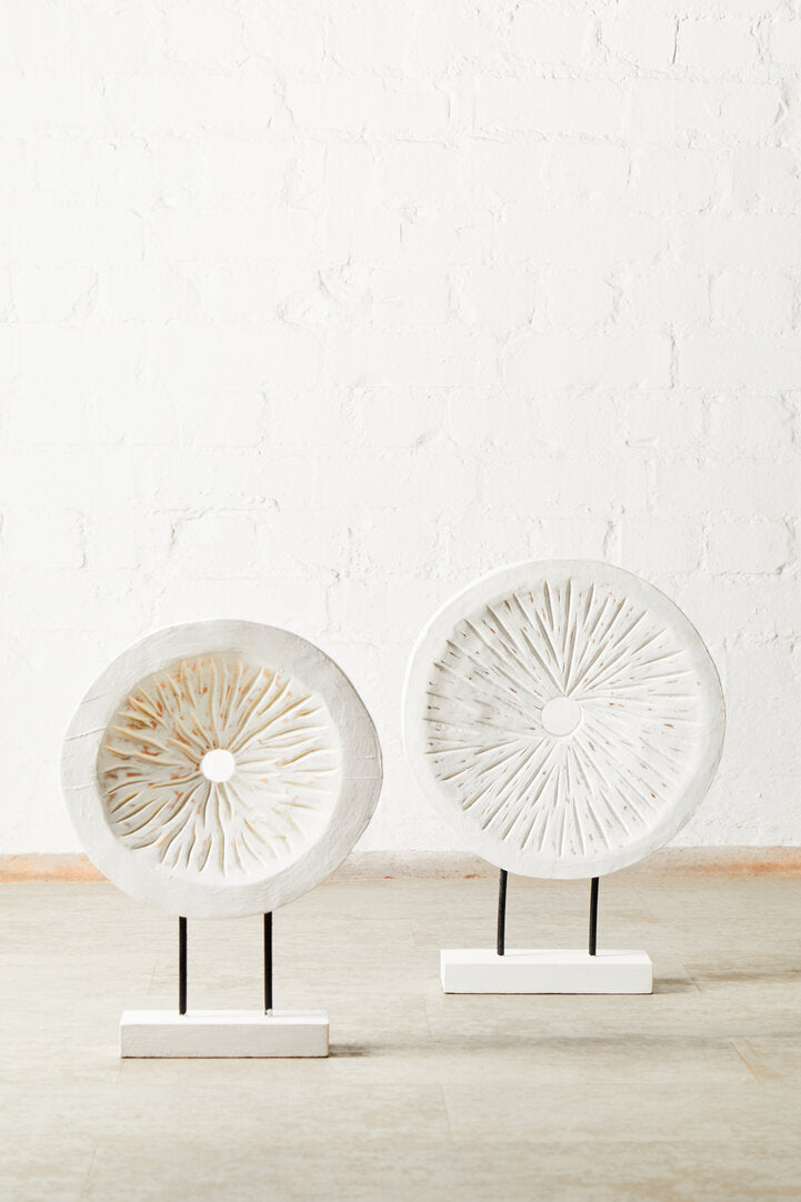 Fidel Distressed White Carved Wood Large Round Sculpture - Lifestyle