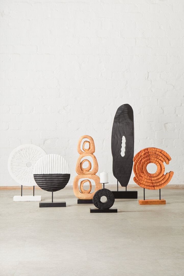 Fidel Distressed White Carved Wood Large Round Sculpture - Lifestyle