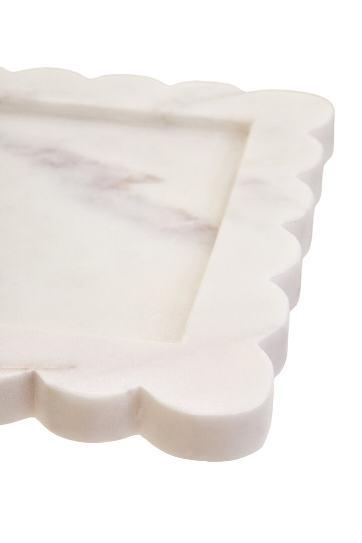 Savio White Marble Square Small Tray with Scallop Edges - Macro