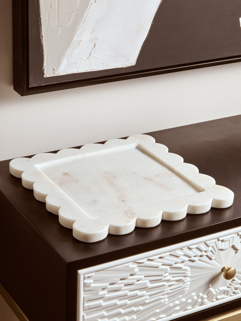 Savio White Marble Square Large Tray with Scallop Edges - Lifestyle