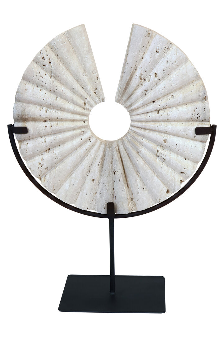 Tibor Travertine Disc Sculpture with Black Metal Base - Main