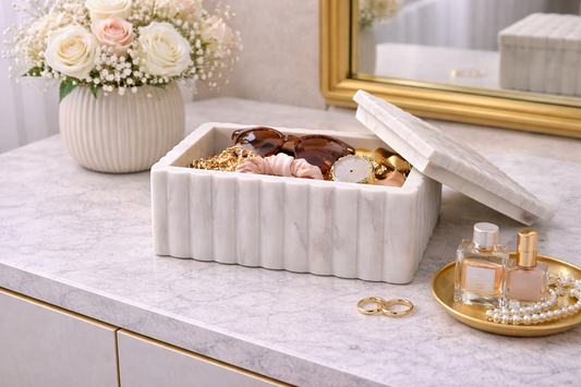 Savio Rectangular White Fluted Marble Box