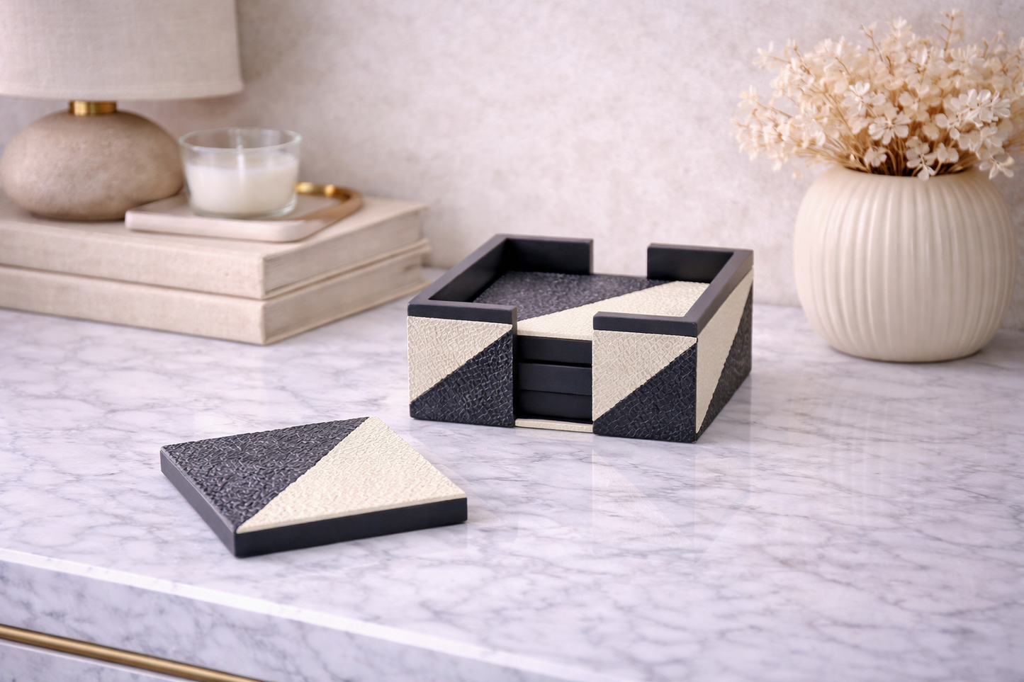 Ezra Set Of Four Black And White Coasters With Holder