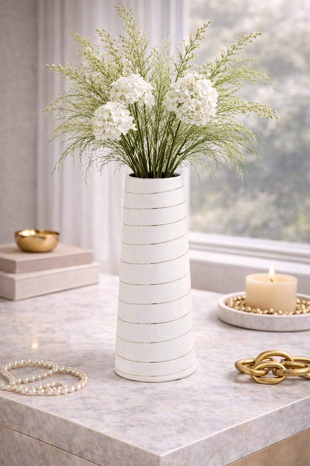 Haldis Large White Silver Stripe Ceramic Vase