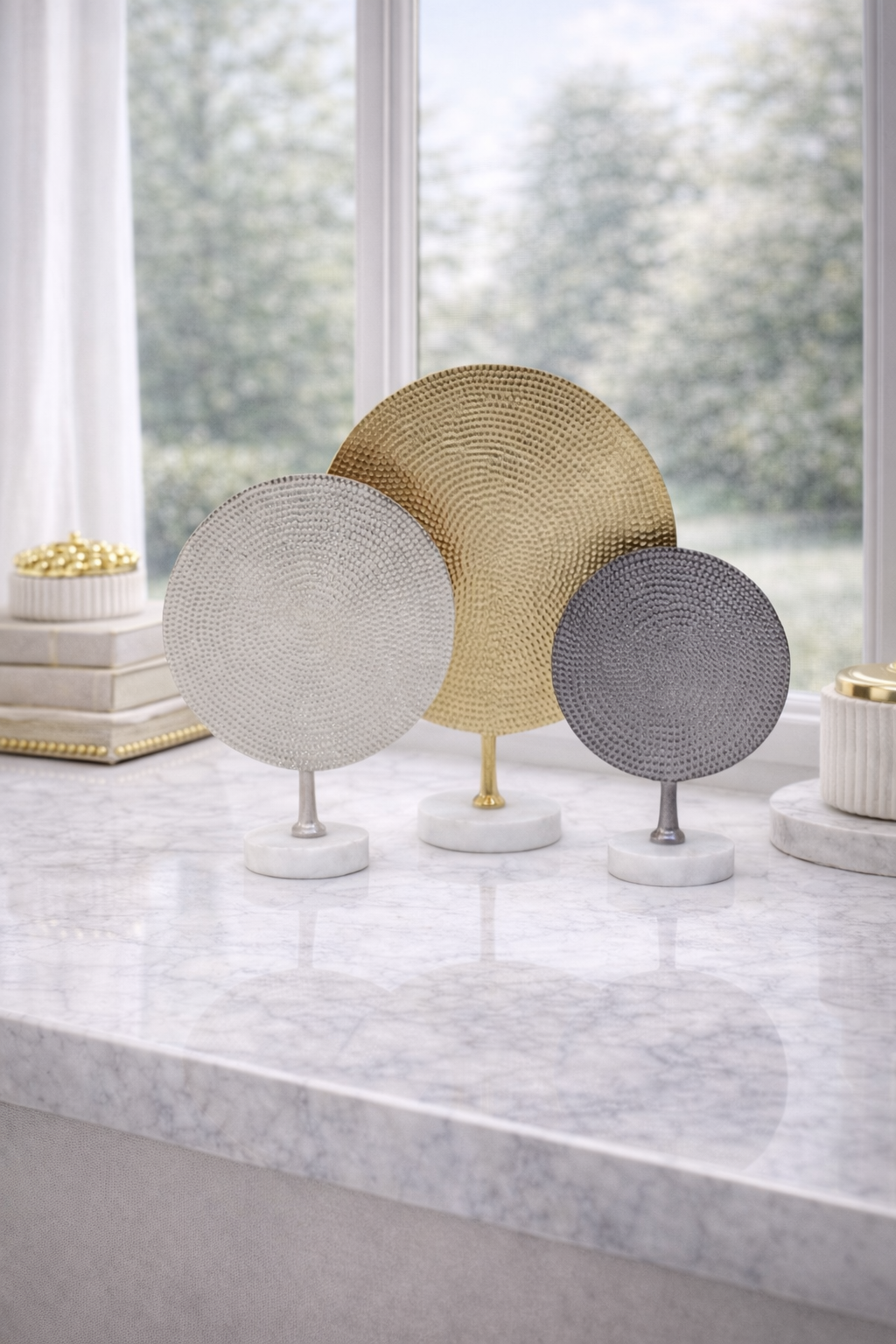 Elias Set Of 3 Hammered Metal Disc Sculptures with Marble Base