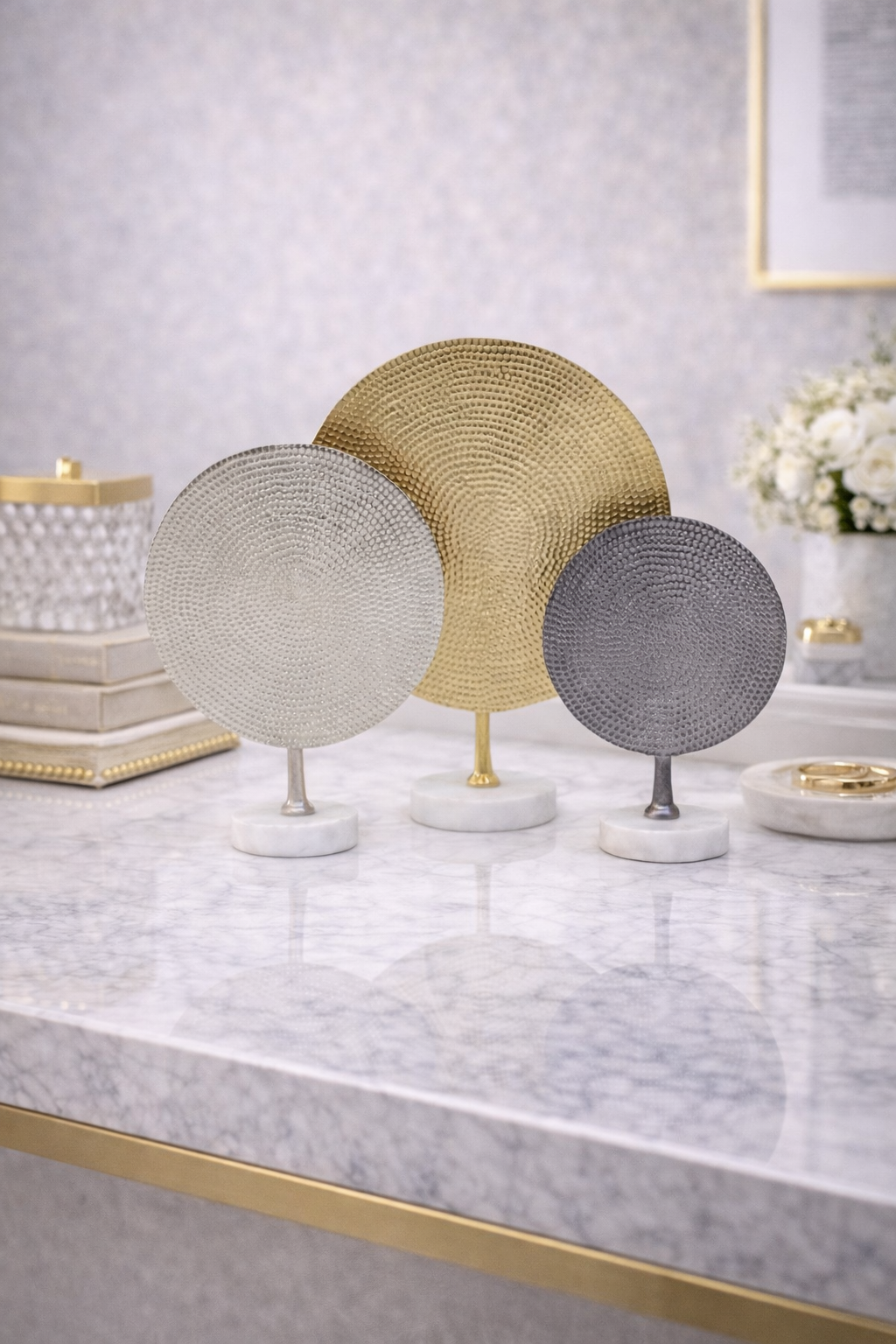 Elias Set Of 3 Hammered Metal Disc Sculptures with Marble Base