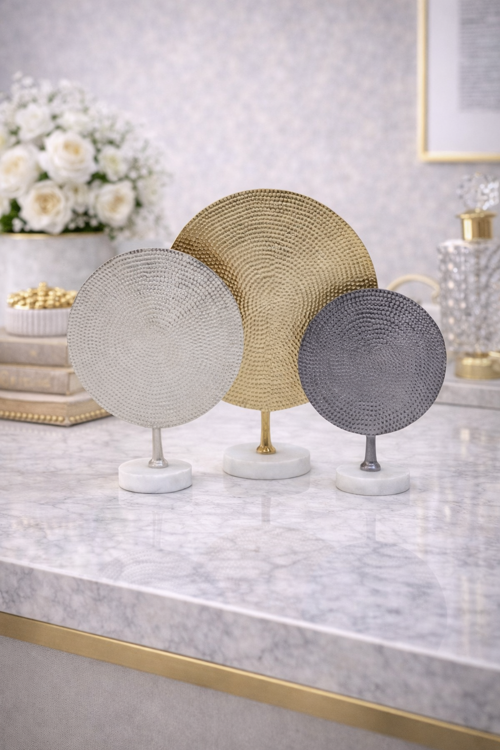 Elias Set Of 3 Hammered Metal Disc Sculptures with Marble Base