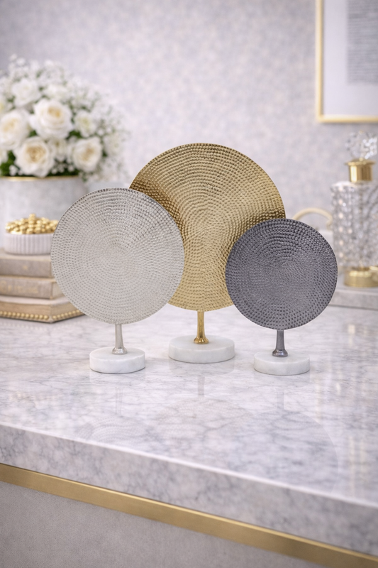 Elias Set Of 3 Hammered Metal Disc Sculptures with Marble Base