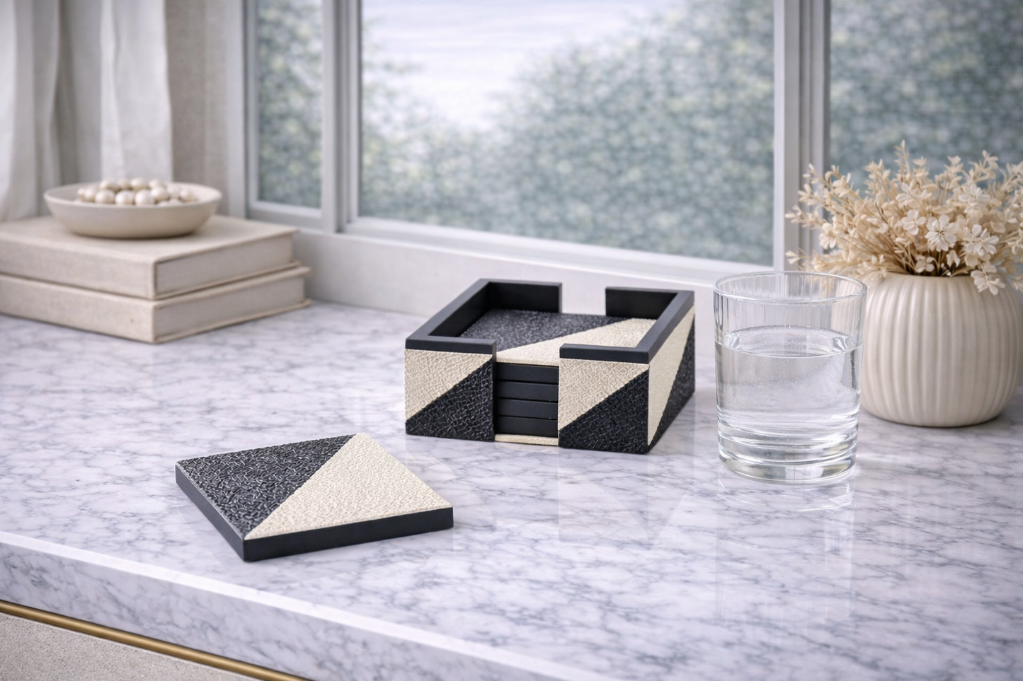Ezra Set Of Four Black And White Coasters With Holder