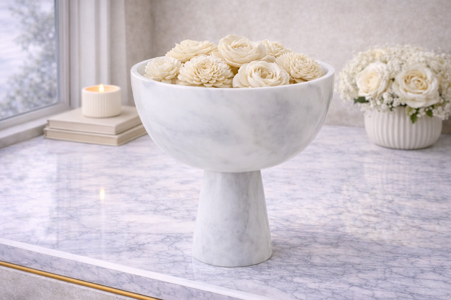Salmo Large White Marble Pedestal Bowl