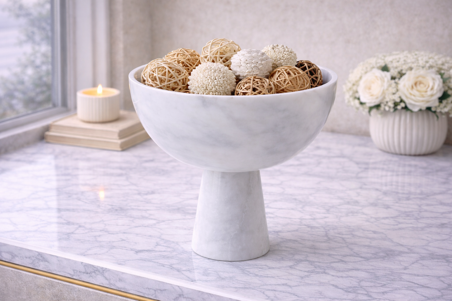 Salmo Large White Marble Pedestal Bowl