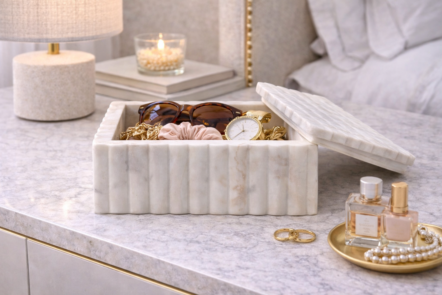 Savio Rectangular White Fluted Marble Box