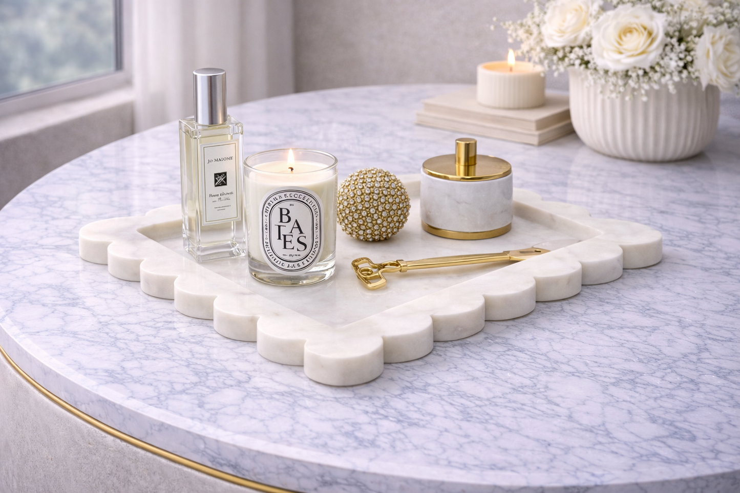Savio White Marble Square Large Tray with Scallop Edges