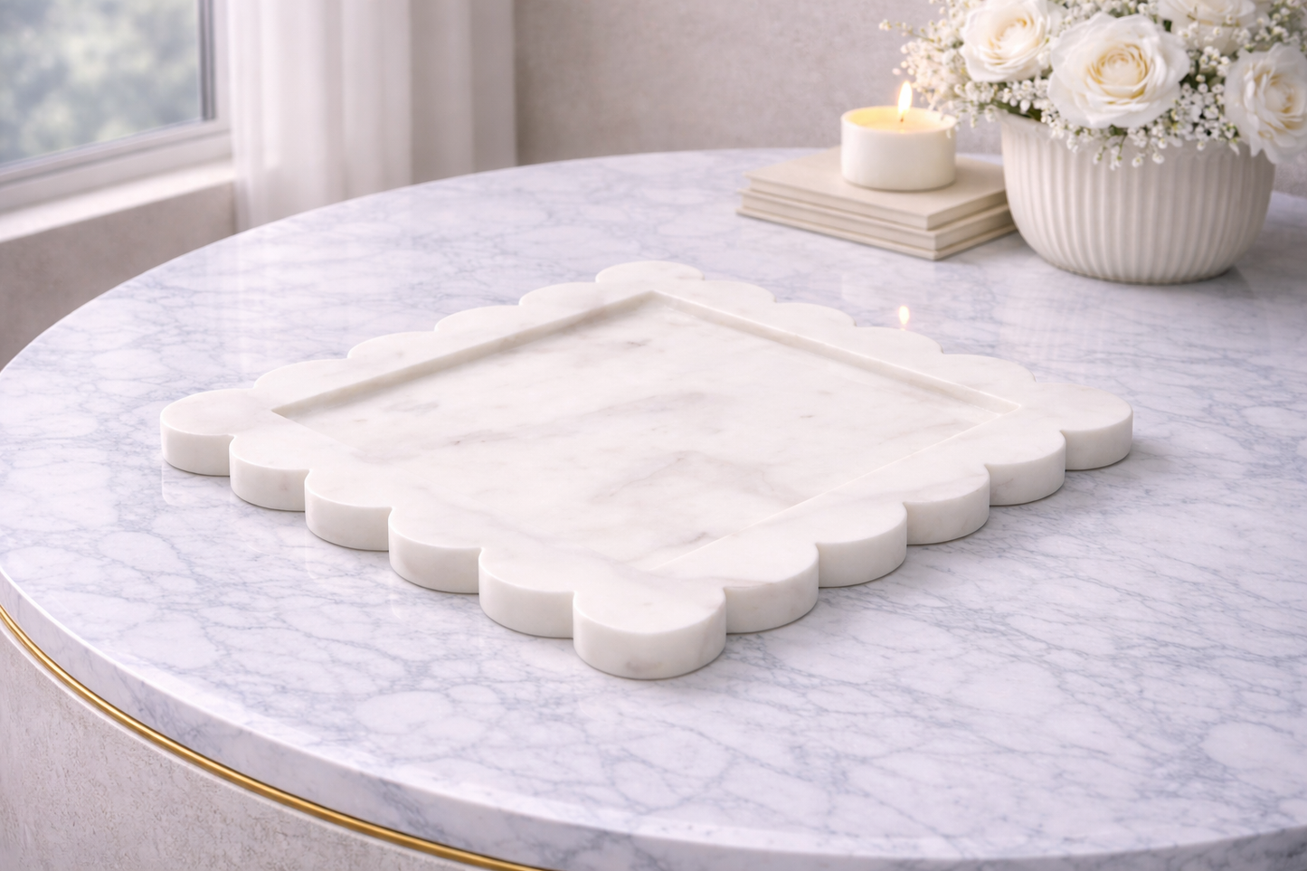 Savio White Marble Square Large Tray with Scallop Edges