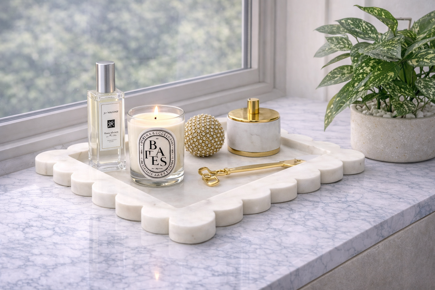 Savio White Marble Square Large Tray with Scallop Edges