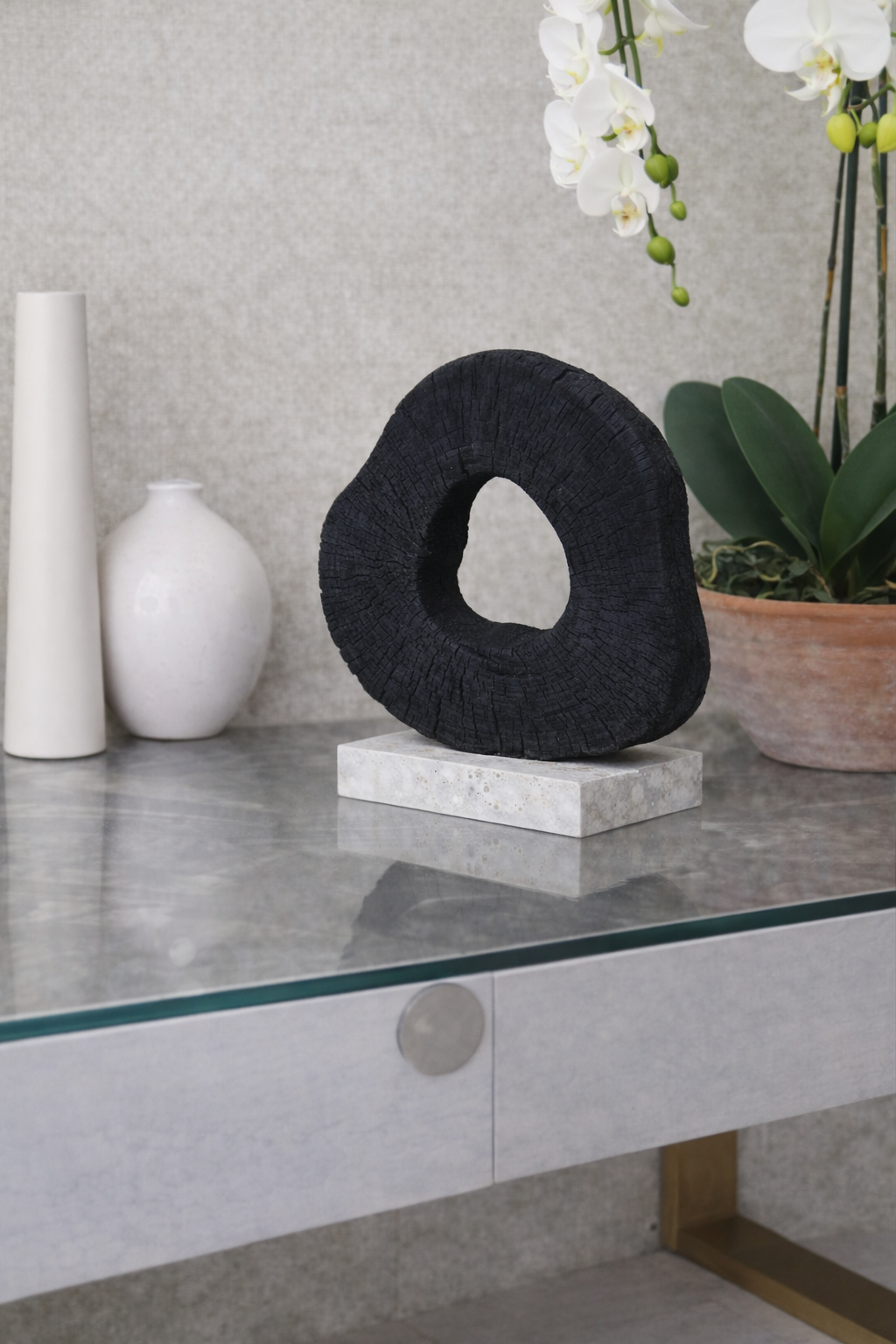 Tibor Black Mango Wood Sculpture with Travertine Base