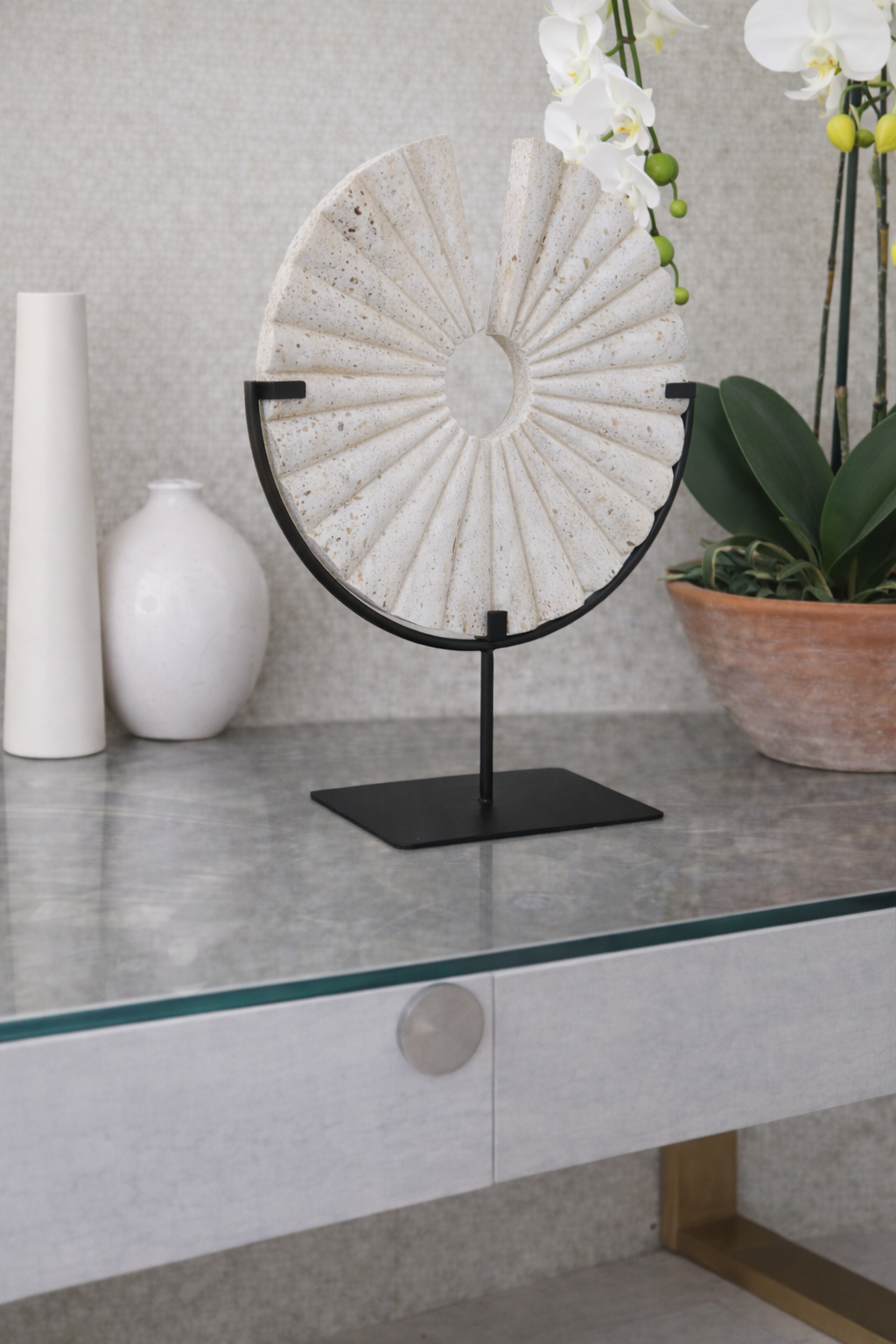 Tibor Travertine Disc Sculpture with Black Metal Base