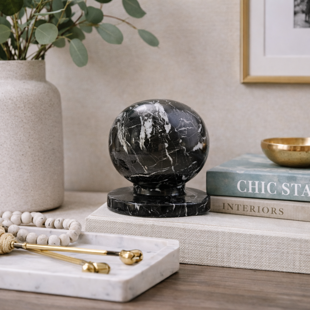 Zoro Black and White Veined Marble Ball Sculpture