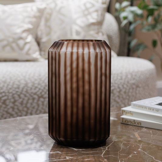 Large Fluted Coffee Brown Glass Vase