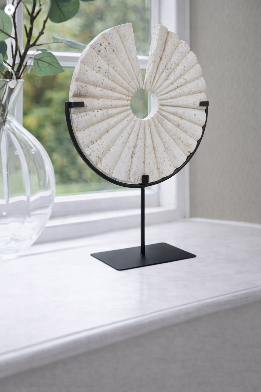 Tibor Travertine Disc Sculpture with Black Metal Base